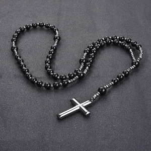 Nuevo Collar de Moda con Cuentas Redondas de Obsidiana y Ojo de Tigre, Cadena Larga con Cruz, Joyería y Accesorios para Hombre - Product Image 5
