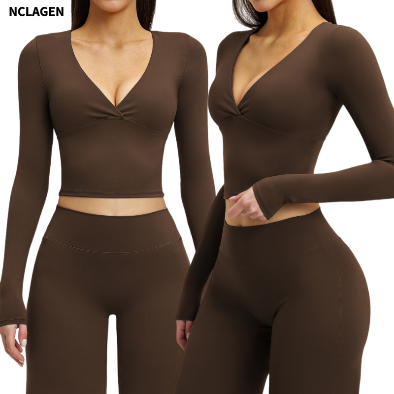 Women's Spring V-neck Tshirt Yoga Pilates Long-sleeved Sweat-Wicking Tight-fitting Sports Yoga Gym Fitness Top With Chest Pad
