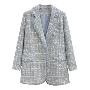 새로운 레트로 작은 정장 여성 2 색 격자 무늬 바느질 계층화 된 정장 재킷 여성 긴팔 캐주얼 블레이저