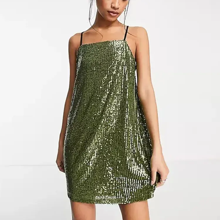 High Quality Summer New Y2K Style Loose Casual Sequin Green Square Neck Women Mini Dress