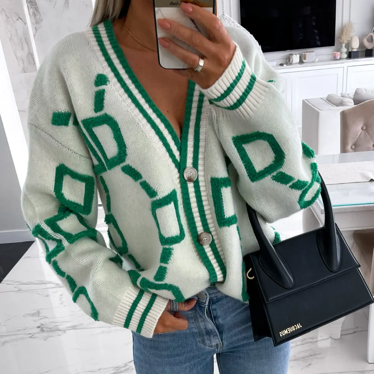 2021 V Neck Long Sleeve Cardigan Women Green Autumn Winter Knitted Sweater Loose Casual Fashion Tops Vintage Women's Sweaters