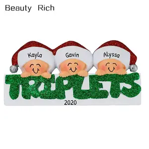 Personalized Triplets Christmas Tree Ornament 2020 Same Born Three Babies Green Glitter Word Toddlers Children 1st Boy Girl