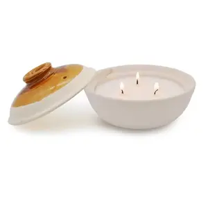 Customized Living Tea Light Large 3-Wicks Coarse Pottery Container With Lids Ceramic Candle Holder Soy Wax Outdoor Candle Jar