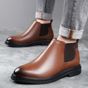 Men's British Style High Top Business Formal Boots Breathable Soft Leather Large <b>Pointed</b> <b>Toe</b> Casual Leather Boots <b>Flat</b> Design - Product Image 2