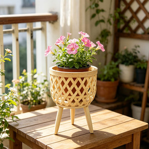 Solid Wood Rattan Flower Stand Bamboo Woven Storage Rack Living Room <b>Sofa</b> Side Table <b>Floor</b> Standing Corner Balcony Plant Pot - Product Image 4