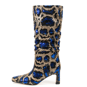 Bottes hautes plissées pour femmes, à talons épais, imprimé léopard, grande taille 45, avec paillettes brillantes - Product Image 1