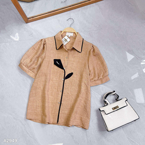 Women Short-Sleeve <b>Shirt</b> with Black Lily Applique <b>Office</b> Casual Solid Top Modal Material Regular Work Occasion - Product Image 1