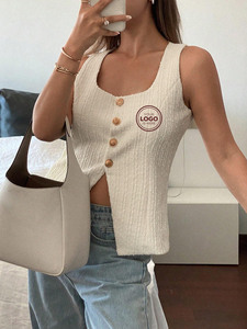 <span class=keywords><strong>Chaleco</strong></span> sin Mangas con Logotipo Personalizado, Estilo Francés Chic, Color <span class=keywords><strong>Beige</strong></span> Texturizado, Corte Entallado, Transpirable, con Botones, Jacquard, para <span class=keywords><strong>Mujer</strong></span> - Product Image 1