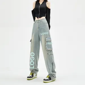Custom Big Pocket Casual Cargo Pants Distressed Denim Trousers Hem Side Zipper Loose Women's Jeans