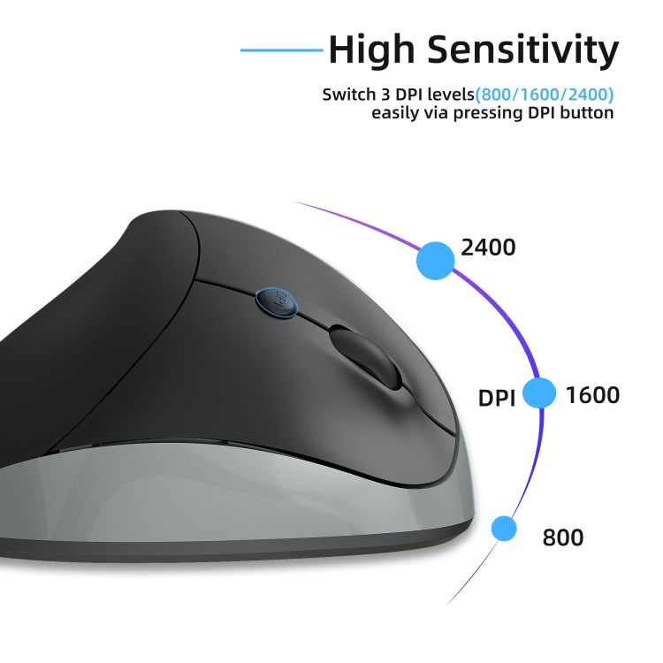 Mouse Vertical Ergonômico 2.4GHz Óptico Sem Fio 3 DPI Ajustável 800