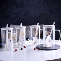 Mug en verre à grande capacité avec couvercle et cuillère, motif ours mignon, pour étudiants, pour boire de l'eau, tasse à thé de bureau, chopes à bière, design traditionnel, compatible lave-vaisselle