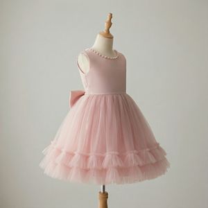 Vestido de tul rosa rubor para niñas con escote de perlas, elegante vestido de fiesta para niñas de 1 a 12 años. - Product Image 1