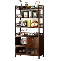 Honvidora Meuble à thé en bambou de style chinois moderne, double tiroirs latéraux, porte inférieure, étagère de présentation multifonctionnelle pour salon
