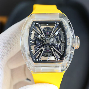 Reloj de Pulsera Mecánico Estilo Zafiro Transparente, Correa de Caucho Fluorescente Amarillo, Luminoso en la Noche, Esqueleto, Resistente al Agua - Product Image 1