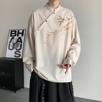 Chemise décontractée à manches longues pour homme, col montant, boutons diagonaux, imprimé bambou, coupe ample, idéale pour le quotidien