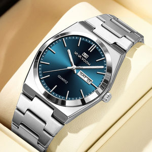 VAVAVOOM <b>Black</b> Tonneau Quartz <b>Watch</b> <b>Men</b> Stainless Steel Band Analog Business Wristwatch - Product Image 4