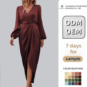 Abbigliamento <span class=keywords><strong>donna</strong></span> taglie forti personalizzato manica lunga lanterna lavoro ufficio abito in raso con collo a croce plissettato Modulare <span class=keywords><strong>abiti</strong></span> da sera - Product Image 2