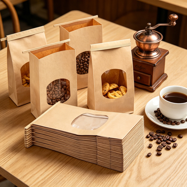 Printed  Custom Food Bakery Flat Bottom Kraft Paper Gift Bag with Window Tin Tie Paper Bag for Cookies, Bread & Coffee