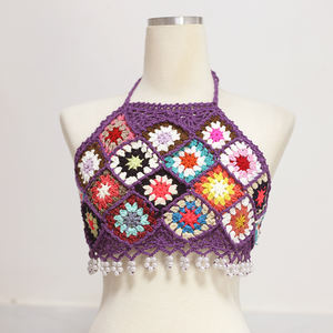 <span class=keywords><strong>Gilet</strong></span> en <span class=keywords><strong>crochet</strong></span> fait main bohème avec perles hauts à franges femmes accessoires de bain - Product Image 5