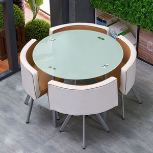 Ensemble de mobilier de restaurant moderne et minimaliste en verre trempé avec structure métallique, table commerciale 4 places pour salons de thé et bureaux - Product Image 4