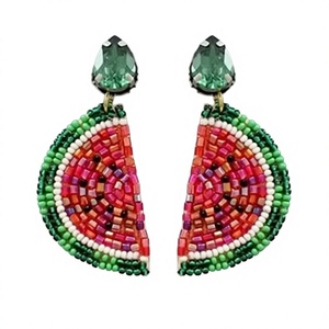 Boucles d'oreilles clous en perles motif pastèque pour femme, bijoux de mariage mignons à motif de fruits, design coupe poire verte - Product Image 1