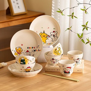 Creamy Puppy Ceramic Dinnerware <b>Set</b> Round Cartoon Design Home Use Bowl Plate <b>Cup</b> <b>Set</b> - Product Image 2