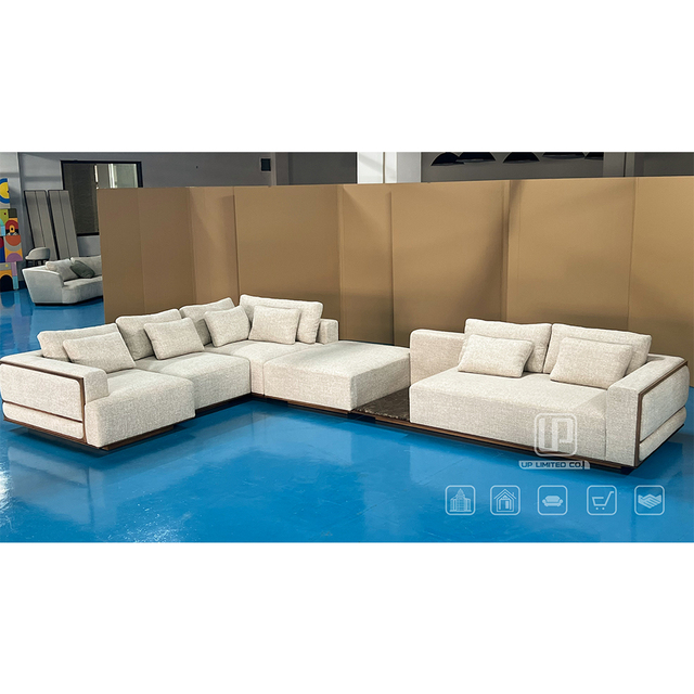 New Arrival Modular L Shape Sectional Solid Wood Frame Beige Linen Fabric Combination Corner Couch Villa Living Room Sofa