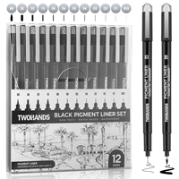 TWOHANDS Pigment Liner Marker Pen Black Fineliner Pens 12 Size Tip Set for Journal Sketching Drawing
