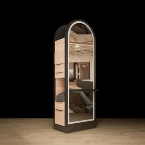 Specchio da Salone Moderno a Forma di Arco con Luci LED, Specchio per Parrucchiere Autoportante con Unità Laterale con Cassetti e Armadietto - Product Image 2