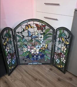 Paravent de cheminée en vitrail, 3 panneaux, motif floral, verre décoratif traditionnel, pour salon, autoportant, forme cathédrale - Product Image 5