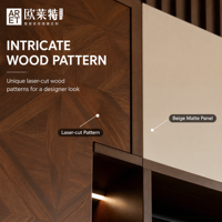 Unit TV Custom ARET - Walnut Parquet & Cream, Bagian Atas Berjeruji, Penyimpanan Samping, Lampu LED, Media Dinding Modern (LWH)