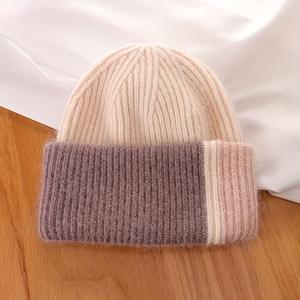 High Quality Knitted Beanie Hat Children's Adults Rabbit Hair Thickened Two Color Warm <b>Winter</b> <b>Caps</b> for Women - Product Image 2