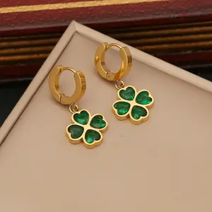 High Quality Emerald Zircon Heart 4 Leaf Clover Necklace Bracelet Earrings 18k Gold Plated Stainless Steel Jewelry Set