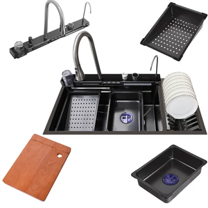 <span class=keywords><strong>Tiktok</strong></span> nueva tendencia grande <span class=keywords><strong>40</strong></span> pulgadas una pieza cascada grifo de acero inoxidable dos cuencos biónico panal negro fregadero de cocina - Product Image 4