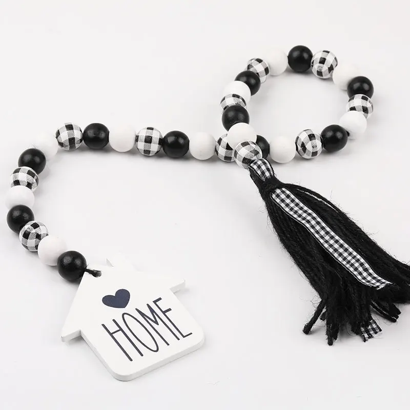 Черно-белая деревянная гирлянда из бусин с кисточками, пасхальный фермерский деревенский деревянный бисер, гирлянда из натуральных бусин, Большой Настенный декор