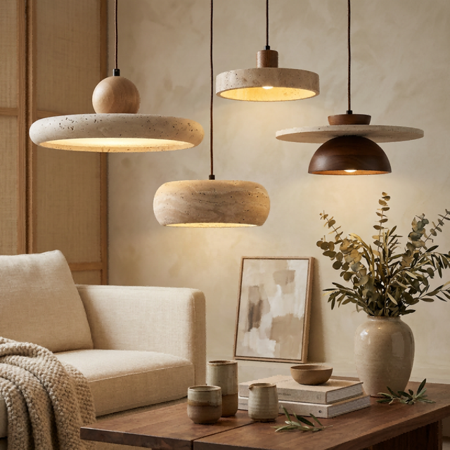 Travertine Pendant Light Stone and Wood Pendant Lamp Wabi Sabi Hanging Light for Dining Room Living Room
