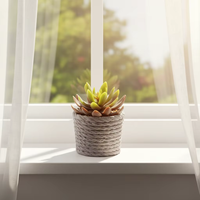 Mini plante succulente artificielle en forme de rosette dans un pot texturé tressé, fausse verdure en pot pour la décoration de la maison, du bureau, du bureau, de la table