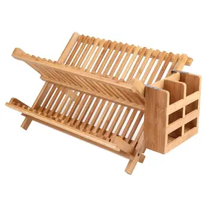 Foldable natural bamboo dish drying rack with utensil holder