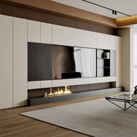 Meuble TV moderne en bois avec cheminée, plusieurs tiroirs et rangements, option murale avec panneau LED pour salon et home cinéma