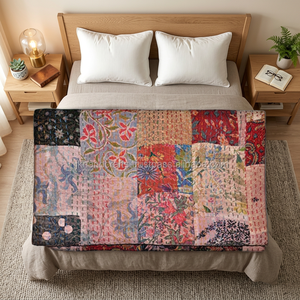 Nouvelle couverture de lit en coton vintage faite à la main, sari kantha, 2017 - Product Image 3