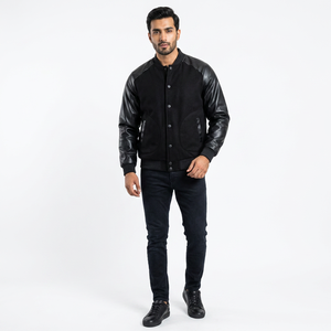Sporty Men's Varsity <b>Jacket</b> Polyester/Cotton Blend Stand Collar Front Logo Winter Baseball Style OEM ODM Services Low MOQ FINER - Product Image 1