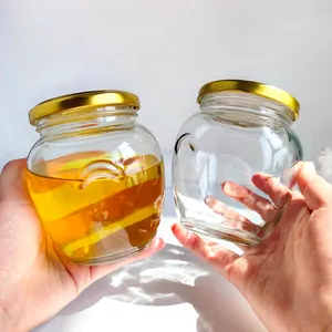 Frasco de vidro em forma de bola de 380ml com orelha pequena para armazenar mel e molho de pimenta quente com tampa de rosca de metal preto e vermelho