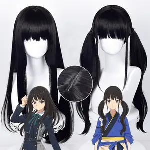 Toptan Lycoris Recoil Inoue Takina peruk Cosplay 70cm uzun siyah sentetik Anime saç Heat ca isıya dayanıklı peruk