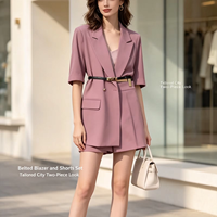 Ensemble tailleur short et blazer rose poudré pour femme 2026, avec ceinture, coupe ajustée, style urbain, 100 % coton, écologique