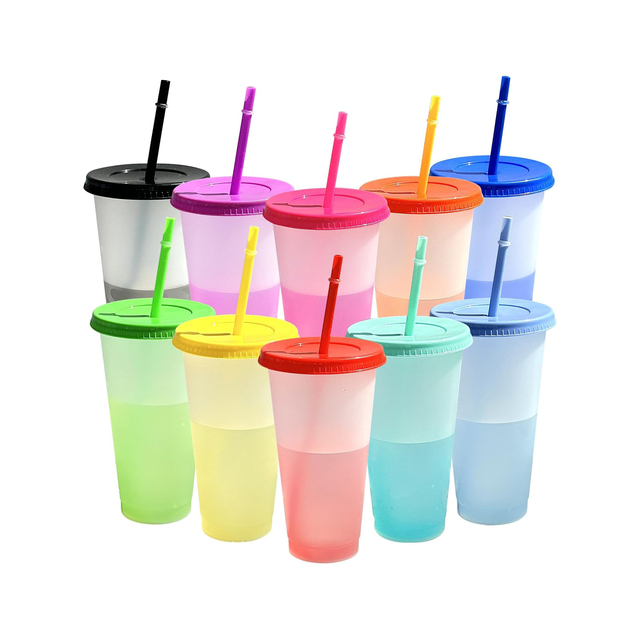 24oz Reusable Plastic Colour-Changing Tumbler Cups Lids Straws Iced Coffee Cold Water Travel Mugs for Kids Adults Party Tumblers