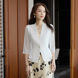 Women's Collarless Blazer Three Quarter Sleeves White Solid Color Lightweight Top Spring Summer 2026 Elegant Style - Product Image 1