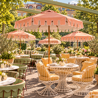 Parasol de terrasse rose LS Umbrella Outdoor avec bordure blanche et volant décoratif pour café, restaurant et terrasse en plein air