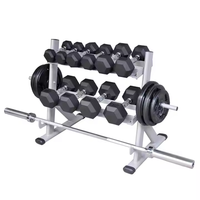 Support de rangement double niveau en acier HV 3-en-1 pour salle de sport à domicile, support pour haltères hexagonaux, barres et plaques de poids, noir et argent, vente chaude
