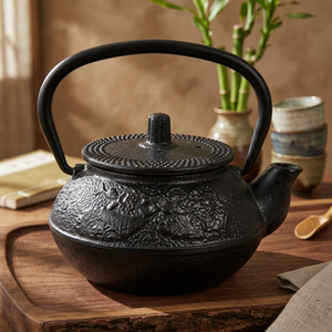Tetera tradicional china de hierro fundido con tapa y asa, resistente al calor. - Product Image 2
