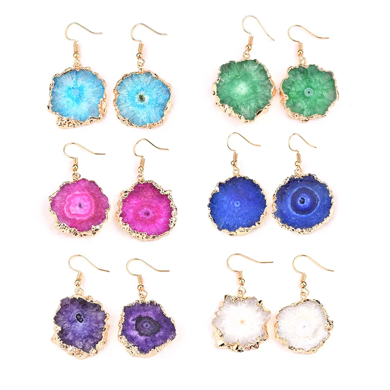 High quality Irregular Druzy Quartz Stone Sunflower Drop Earrings For Women Reiki Healing Jewelry Purple With Gold Edge